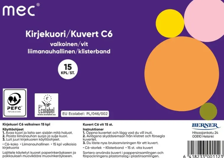 Online Mec Kirjekuori C6 Valkoinen 15Kpl Paperitarvikkeet